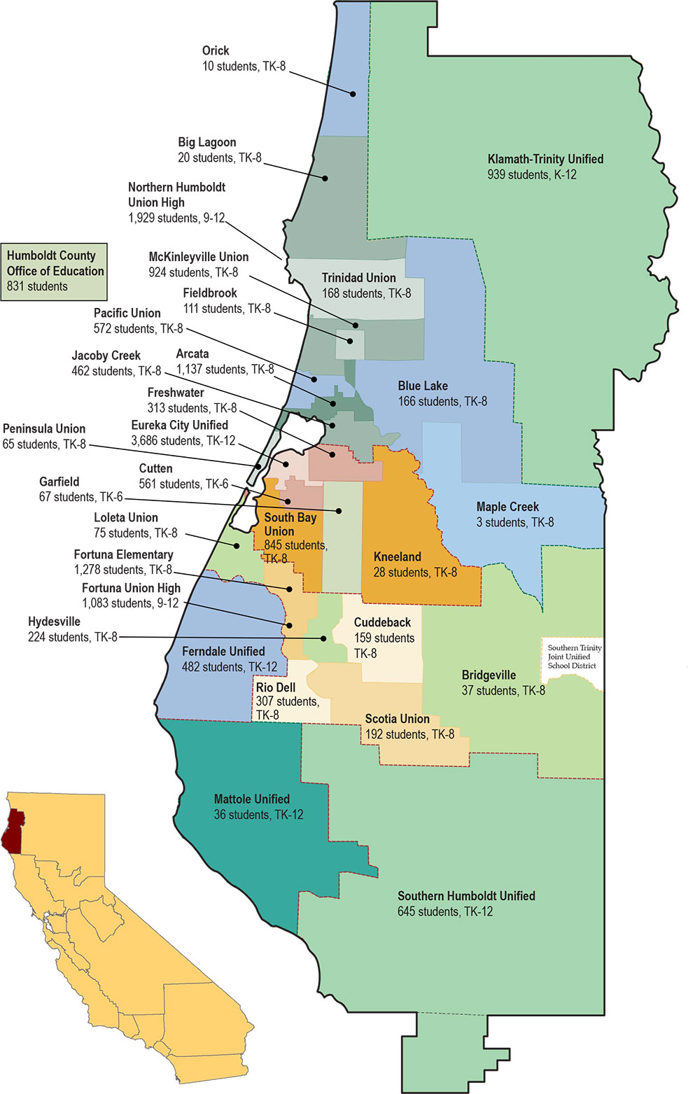 Map of Humboldt County Schools with district sizes